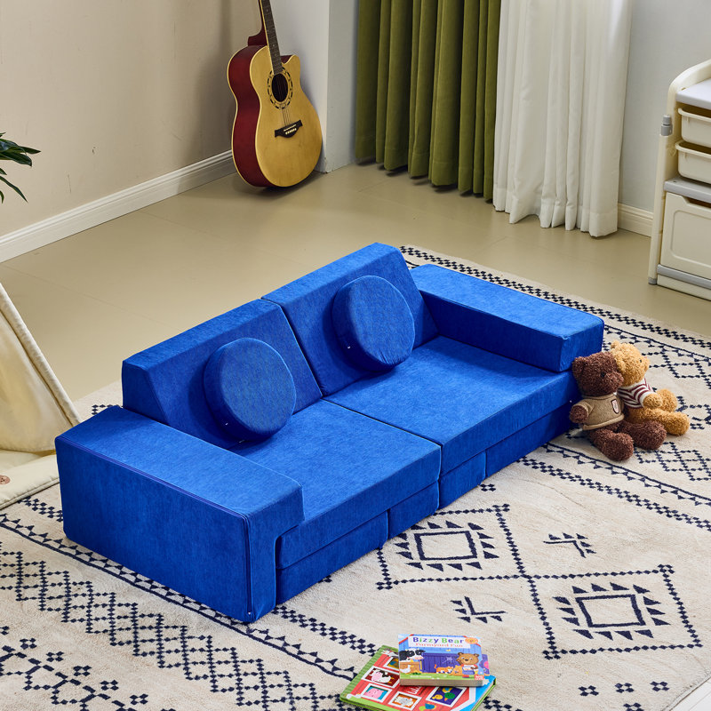 14PCS Fold Out Kids Couch Modular Kids Couch For Playroom In Blue, Blue