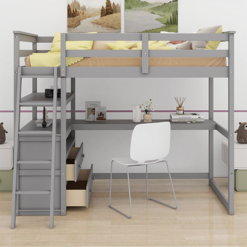 Lit mezzanine avec bureau et tablettes, deux tiroirs intégrés, Gris