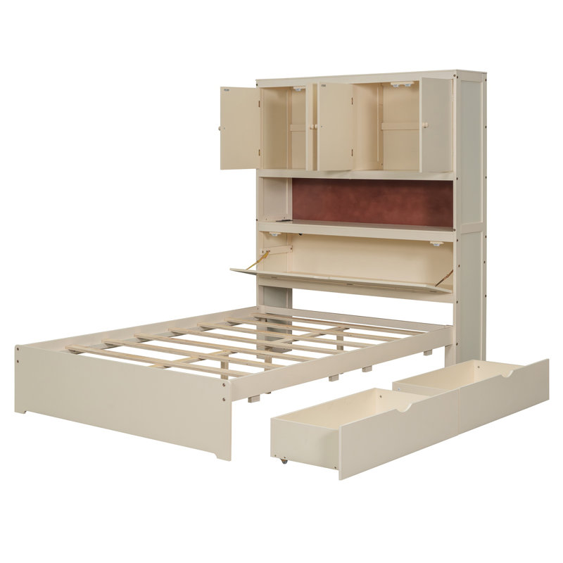 Lit plateforme double en bois avec port USB, tête de lit et tiroirs de rangement, lit de rangement pour chambre à coucher