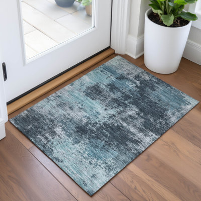 Machine Washable Indoor/Outdoor Xhevrie Teal Rug