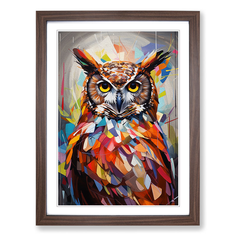 Owl Geometric - Single Picture Frame Print on Wood, Walnut, 34cm H x 25cm W x 2cm D