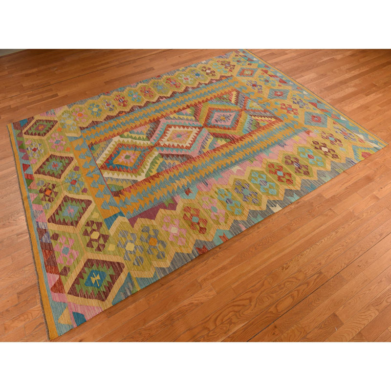 Tapis vert olive 8 pi 3 po x 11 pi 2 po avec motif géométrique multicolore, pure laine, teinture végétale, tissage plat, tissé à la main, réversible, tapis oriental