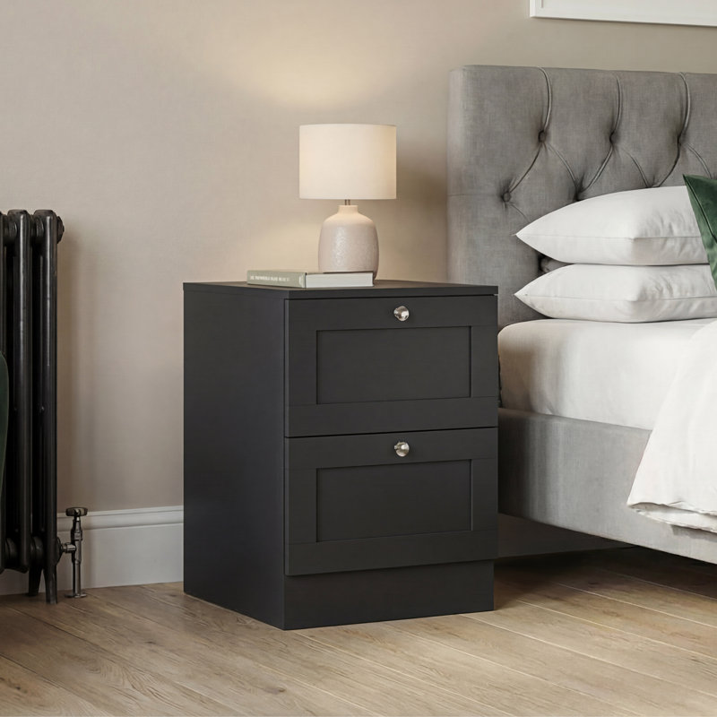Tasneem 2 Drawer Bedside Table Compact Nightstand Storage Cabinet Modern Bedroom Side Table, Black