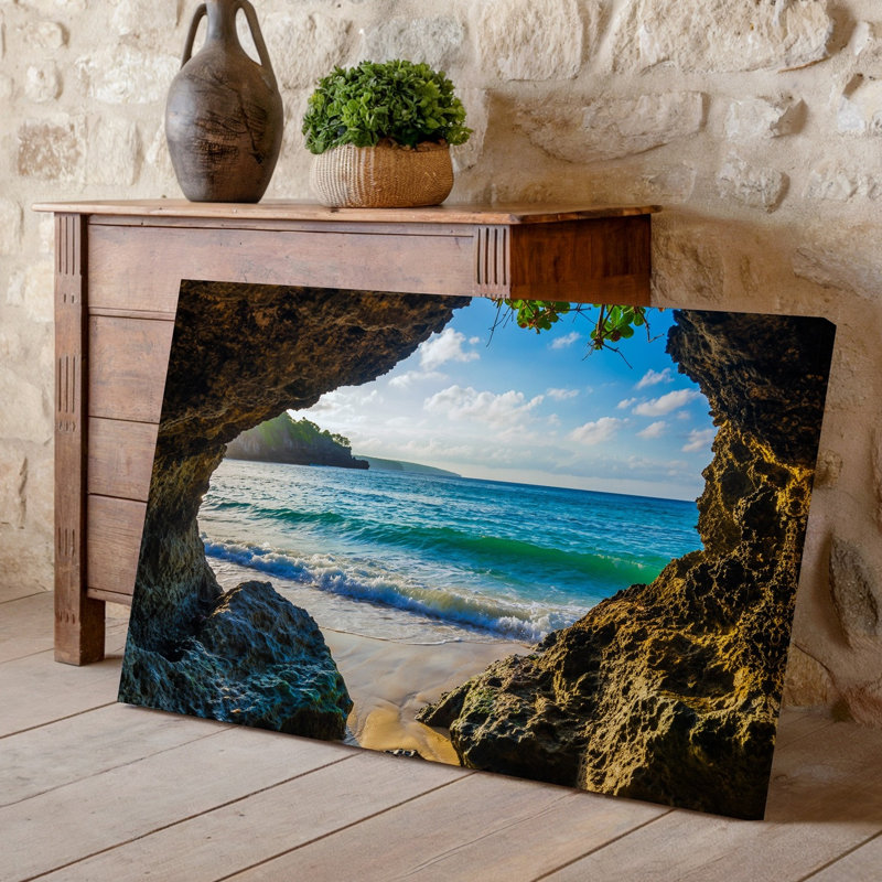 Reproduction d'art sur toile, "Une superbe scène de plage tropicale vue à travers un rocher naturel", H 11 po x l 14 po