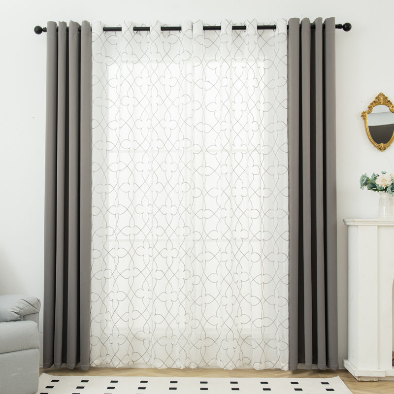 Embroidery Sheer & Solid Blackout Curtain Panel Pair Set, 4 Piece Treatment For Living Room & Bedroom, 52" W x 84" L, Gray