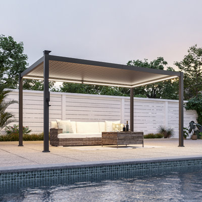 Solar LED Louvered Pergola, Outdoor Metal Pergola with LED Strip Lights, Patio Pergola with Adjustable Roof for Patio, Deck, Garden,Yard