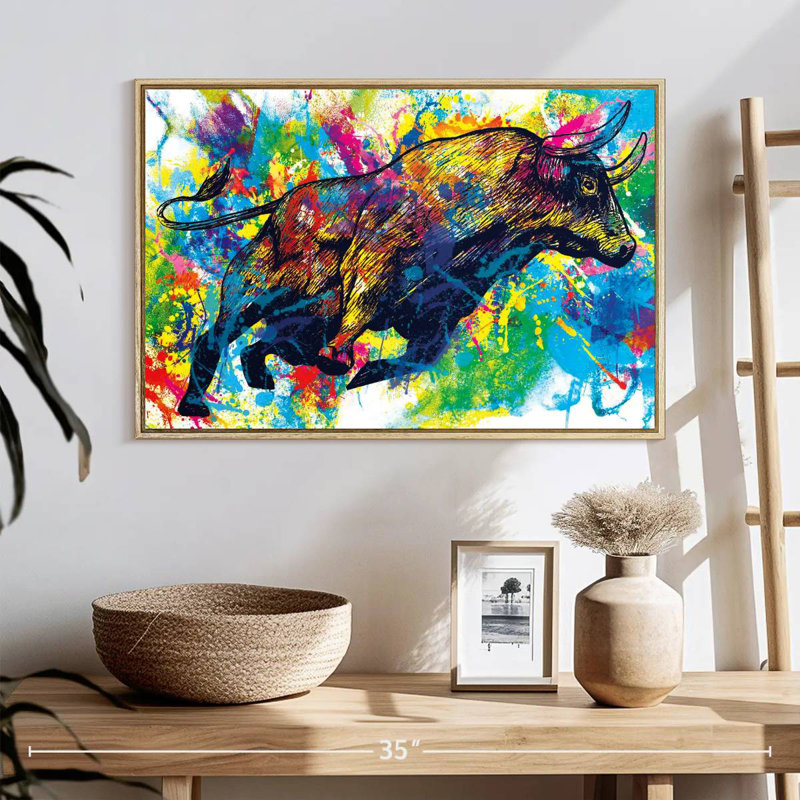 Éclaboussure de peinture Bull, 25 po x 17 po, Cadre flottant en bois naturel