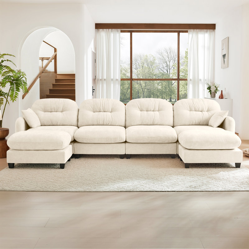 Canapé modulaire Braegger avec tissu chenille et dossier capitonné, Chenille beige, 36.6" H x 140" W x 34.2" D