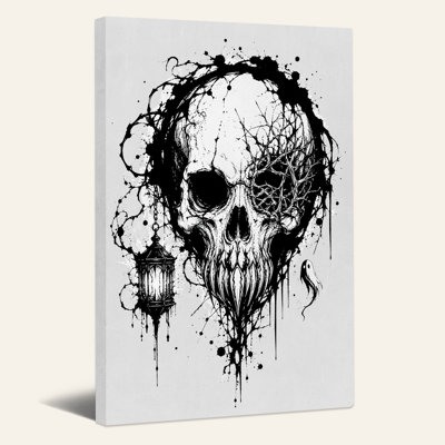 Toile gothique crâne lanterne fantôme encre noire Halloween