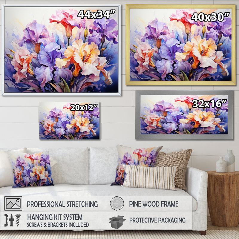 Iris, impression sur toile, impression de nature fleur de prairie, H 16 po x l 32 po x P 1 po, Cadre simple blanc
