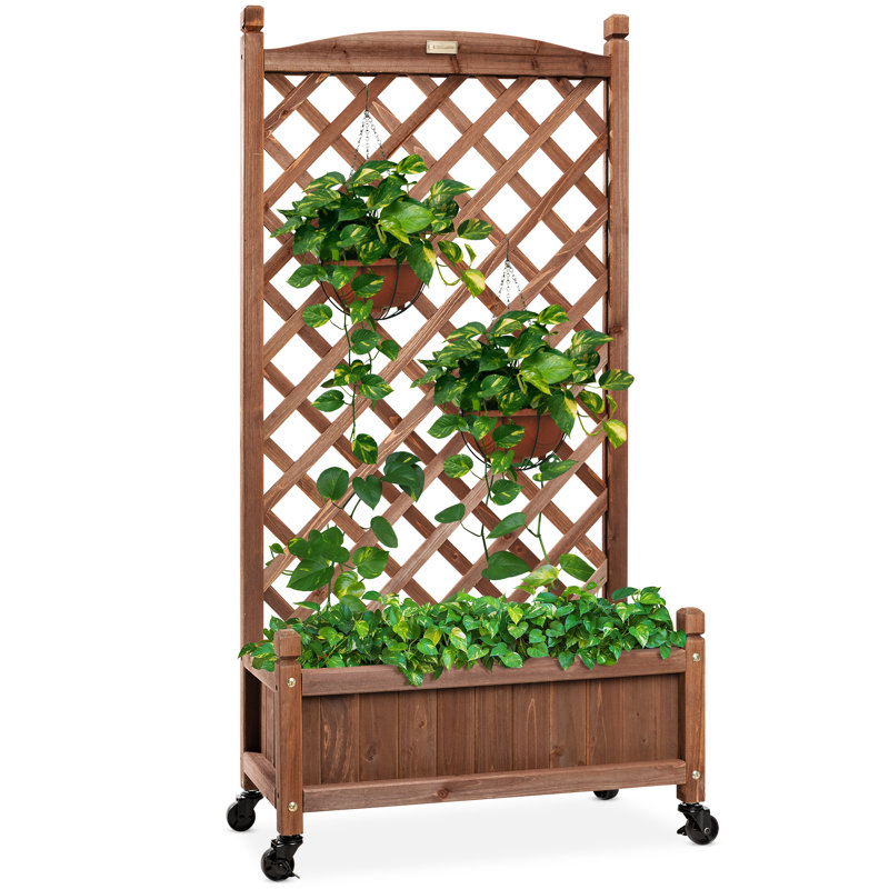 Ranburne 60 in. H Mobile Wood Planter Box & Diamond Lattice Trellis, with Drainage Holes, Optional Wheels