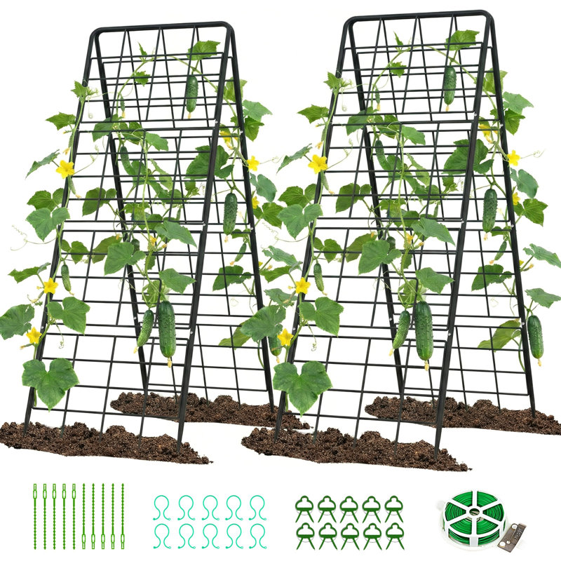 Ensemble de 2 treillis de concombre pliable à structure en A, support de plantes d'extérieur en acier enduit de PVC antirouille pour lits surélevés, haricots, tomates, plantes grimpantes
