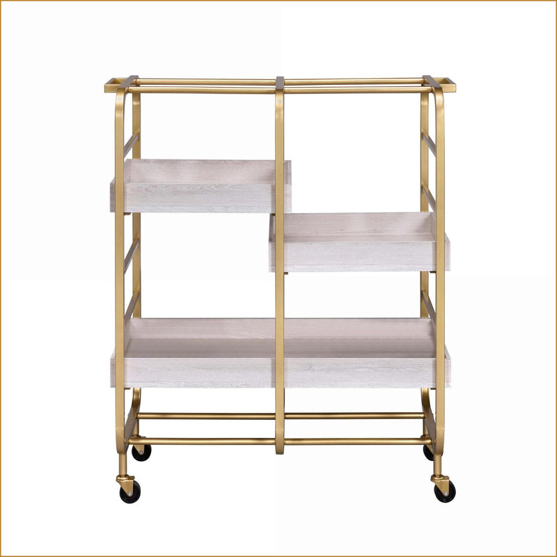 Chariot de service avec 3 plateaux réglables, cadre en métal robuste et amp; 4 roulettes - doré et blanc | Bois et métal | Rectangulaire