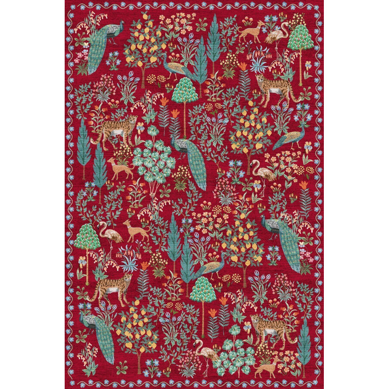 Tapis tissé à motif floral lavable pin rouge, Tapis de couloir 3 pi 3 po x 9 pi 10 po