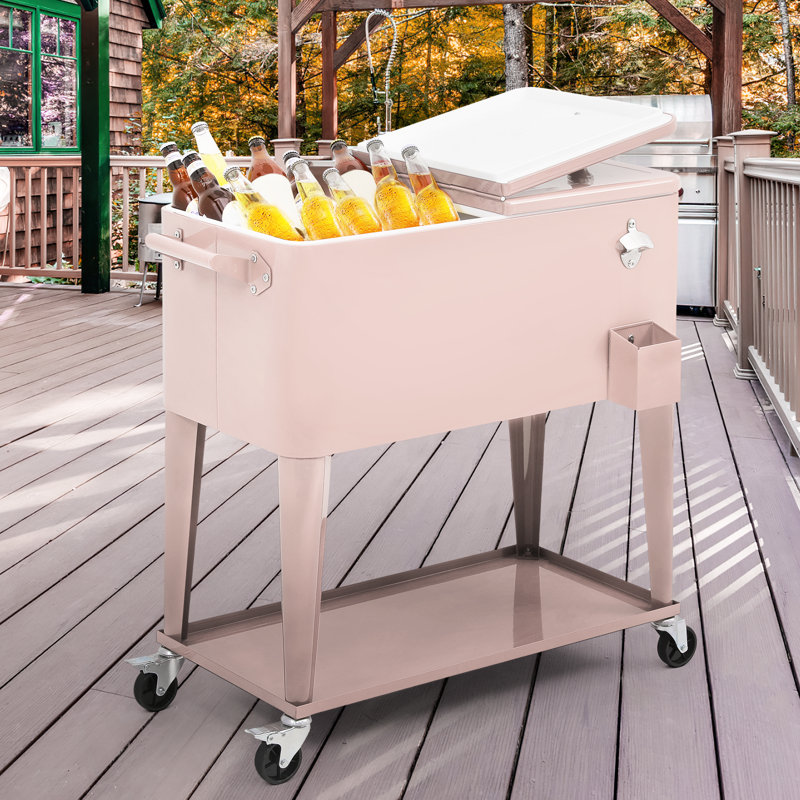 Outdoor 80 Qt Rolling Cooler Cart, with Bottle Opener + Storage Shelf Camping Beverage Ice Chest, Pink