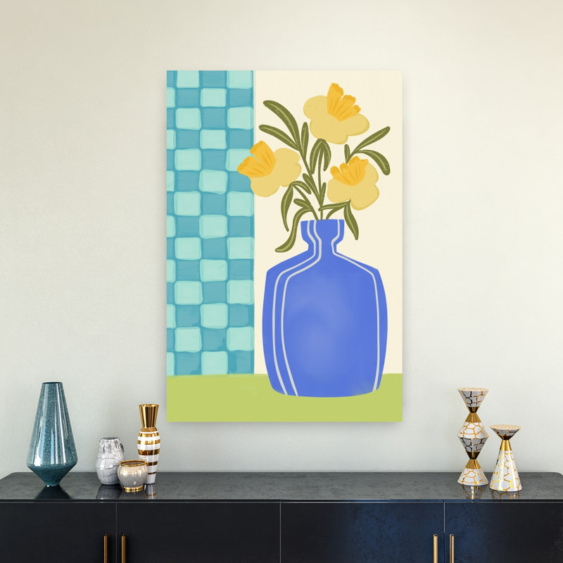 Fleurs jaunes, vase bleu, art moderne printemps-été