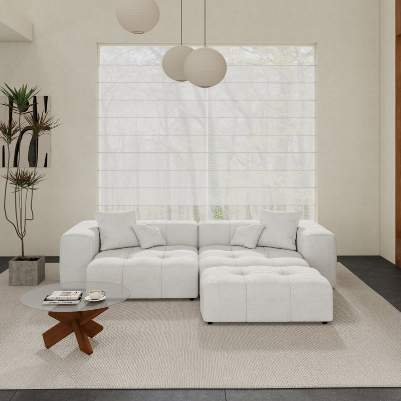 Canapé modulaire en tissu de lin avec repose-pieds 3 pièces Kay Crumley, Blanc