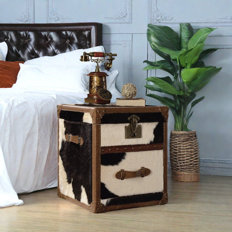Table d'appoint de style rétro avec buffet extérieur en cuir de vache 19,68 po