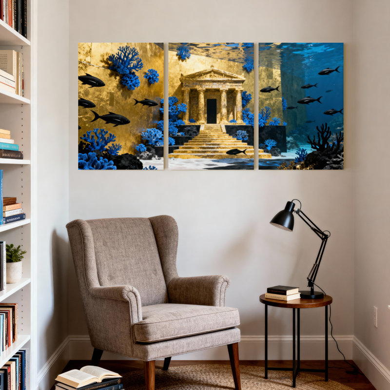 Temple sous-marin avec corail et poisson, ensemble de 3 impressions sur toile, H 18 po x l 36 po