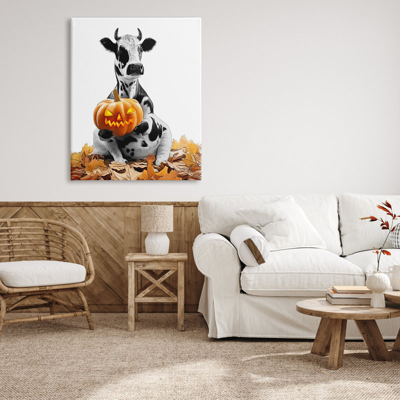 Vache avec citrouille-lanterne sur toile, H 48 po x l 36 po x P 1,5 po