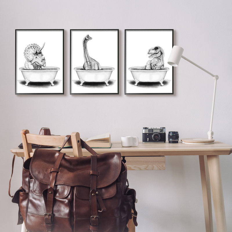 «Dinosaurs Bathing Bath Tub» par Rachel Nieman - ensemble de 3 impressions, H 20 po x l 16 po, Giclée encadrée noir minuit