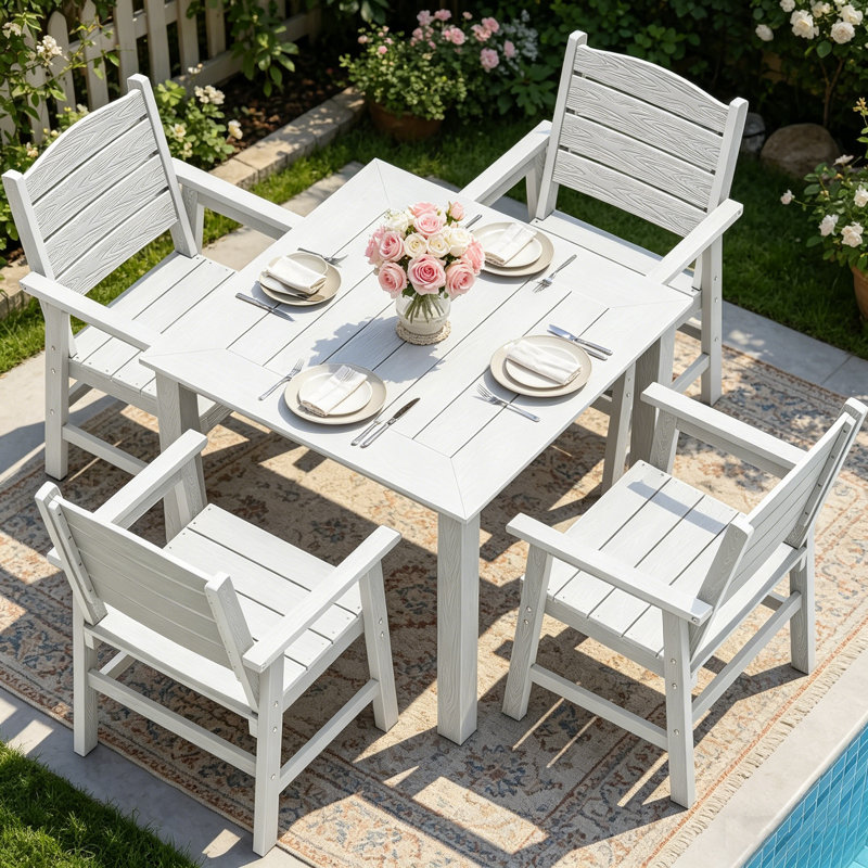 Ensemble de salle à manger d'extérieur 5 pièces toutes saisons avec mobilier d'extérieur avec cadre en aluminium Ensemble de salle à manger d'extérieur moderne pour 4 personnes pour cour extérieure / porche / terrasse, 1 table, 4 chaises, blanc