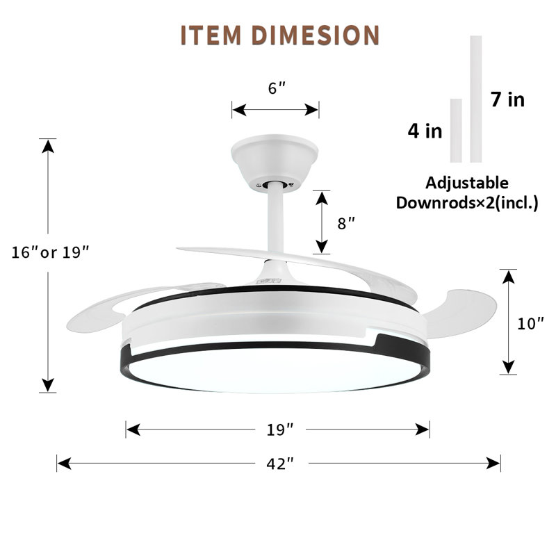 42 Inch Retractable Fandelier with Remote, Smart LED Ceiling Fan, Stepless Color & Brightness Dimmable, Timer Function