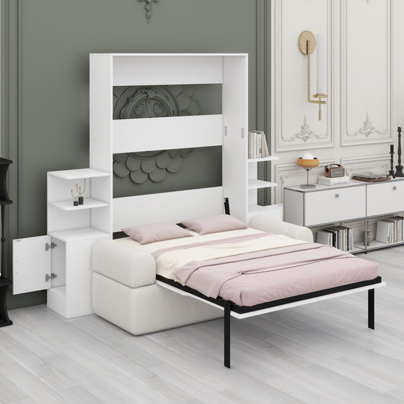 Lit escamotable mural avec canapé et rangement intégrés pour une vie multifonctionnelle, Blanc
