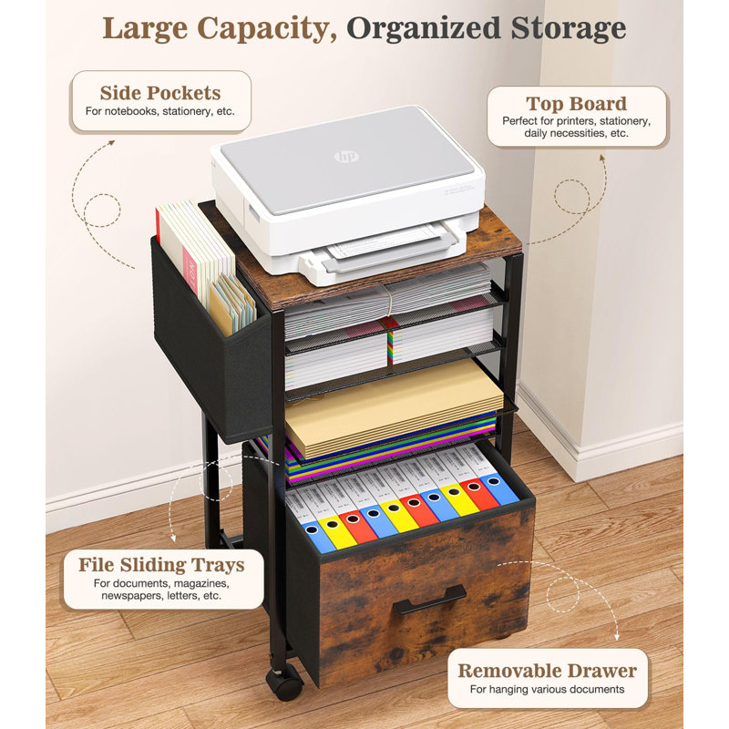 5-Tier Rolling File Cart With Hanging File Folders, Sliding Drawers, Side Bag For Office Organization