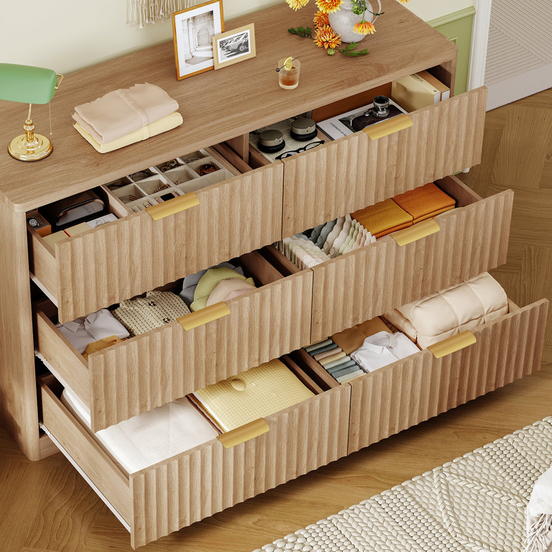 47.3''wide Fluted 6 Drawer Dresser For Bedroom, Modern Chest Of Drawers,  For Bedroom, Hallway, Natural, Brown