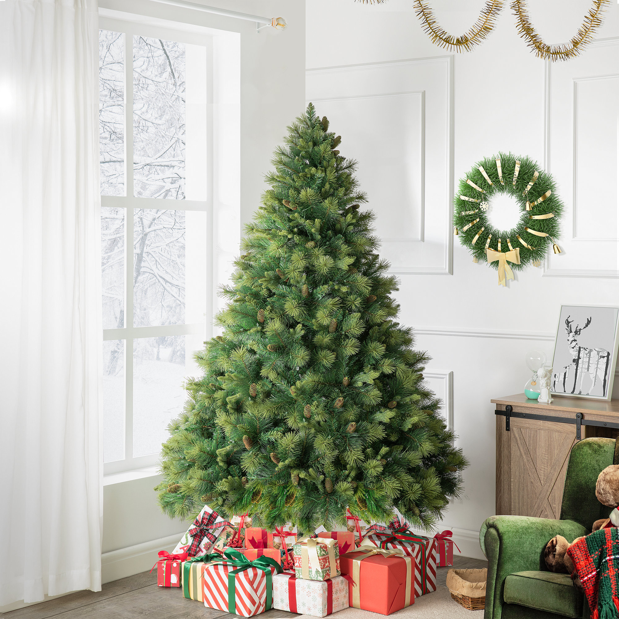 Prelit Artificial Christmas Tree with Pine Cones, Foot Pedal, Metal Stand Realistic Tree, 4.5' H