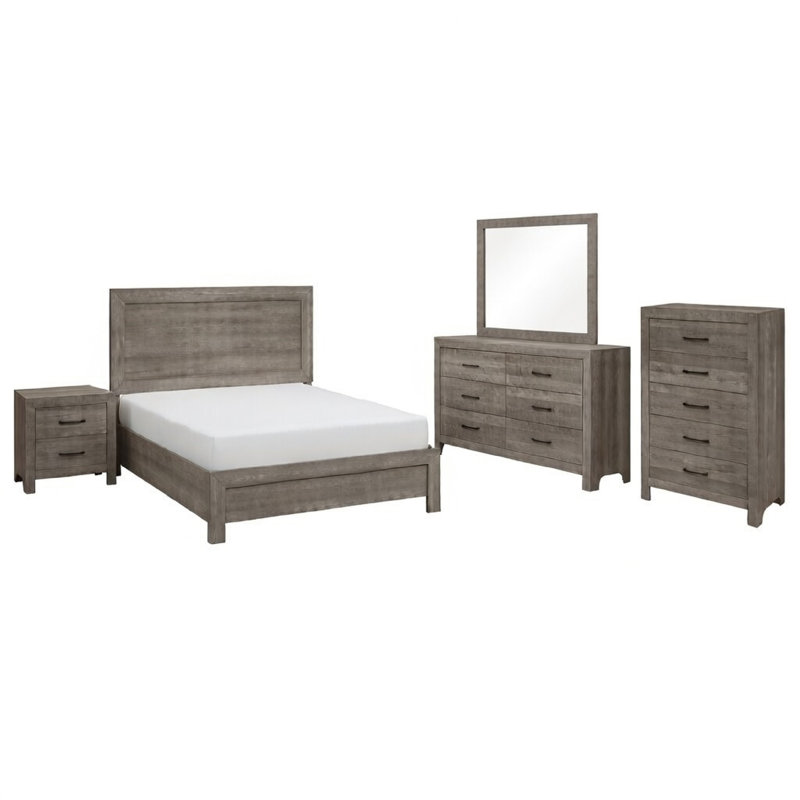 Ensemble de chambre à coucher grand lit, finition brune, panneau, ensemble 5 pièces avec lit, table de chevet, commode, miroir et commode