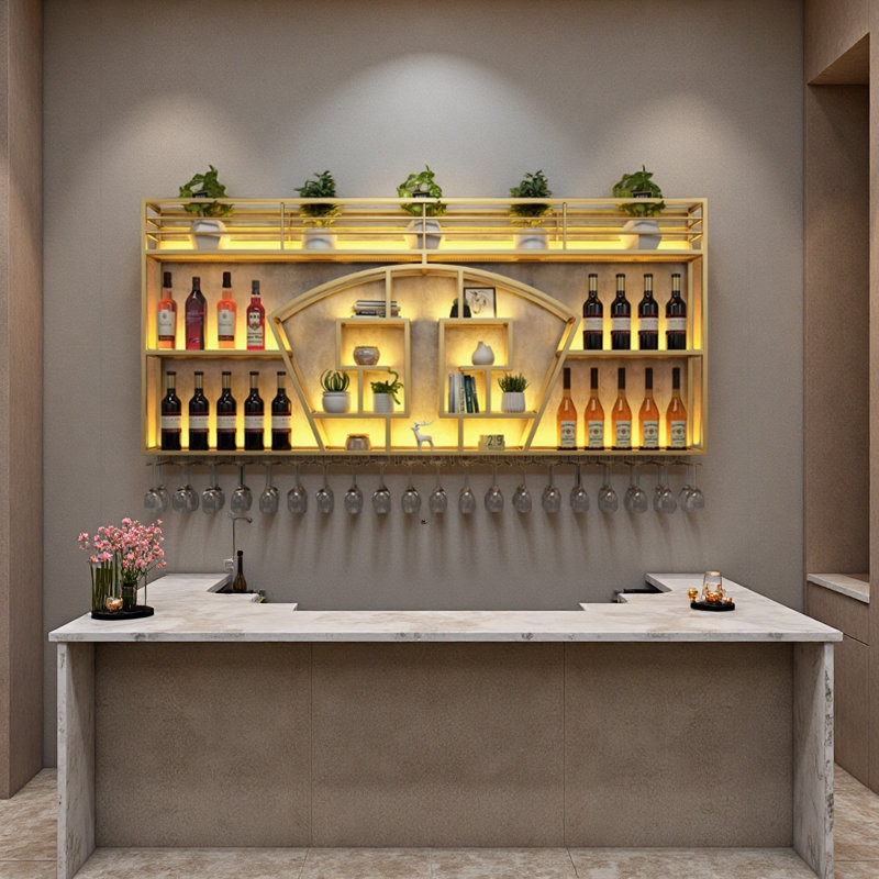 Support à vin mural festonné en fer, Doré, H 43,3 po x l 110,2 po x P 7,8 po