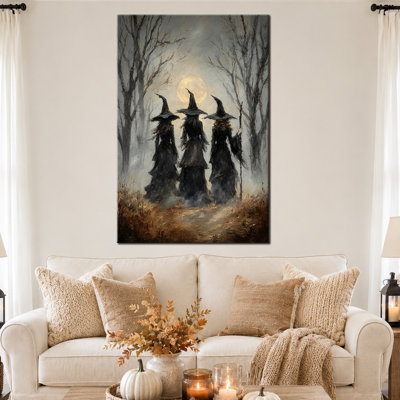 Art mural d'automne d'Halloween, décoration murale d'Halloween, toile d'Halloween, décoration murale de scène de sorcière gothique, style gothique gris brumeux, salon ou entrée, 28 po x 40 po