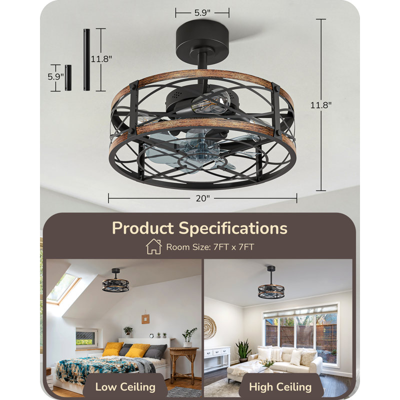 Ventilateurs de plafond en cage 20 pouces avec lumières et télécommande Fandelier
