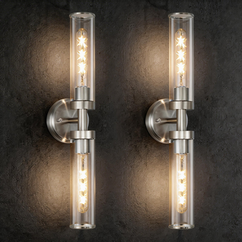 Brushed Nickel Bathroom Vanity Light With Clear Glass, Modern Wall Sconce Lighting Set Of 2, Brushed Nickel, Clear