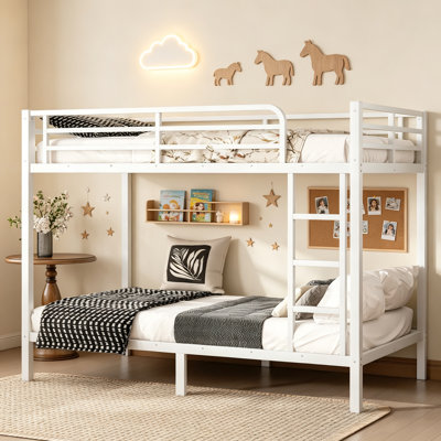 Metal Bunk Bed with Side Ladder and Guardrail for Apartment, Double Deck Bed with Under‑Bed Storage Space for Guest Room, Twin XL Over Twin XL Size, Off White