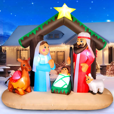 6FT Christmas Inflatable Nativity Scene With Baby Jesus, Parents, Donkey, Sheep, Star, Blow Up Manger Set Indoor & Outdoor Decorations, Built-In LED Lights For Garden, Lawn, Yard, Christmas Parties