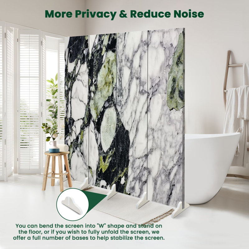 Cloison pliante 4 panneaux paravent en marbre blanc abstrait noir et vert, H 71 po x l 64 po x P 1 po, 4