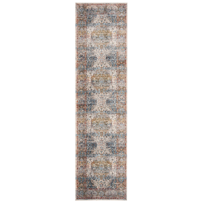 Tapis beige / bleu Presswood, Tapis de couloir 2 pi 2 po x 8 pi