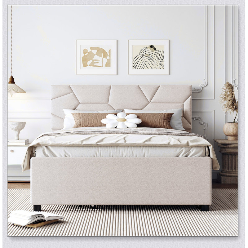Lit plateforme tapissier avec tête de lit et lit gigogne à motif brique, Beige
