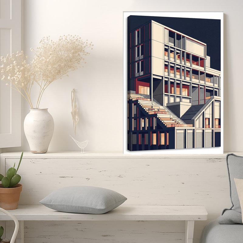 Abstrait bâtiment géométrique sur toile bleu marine, 18"H x 12"W