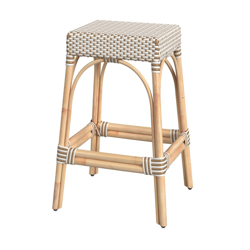 Tabouret de comptoir / de bar Lennart, Blanc / pois brun clair / cadre en rotin naturel