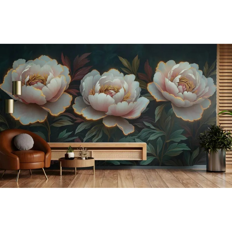 Adhésif mural pivoine rose sur fond foncé, 108" L x 192" W