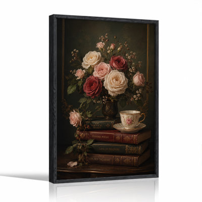 Roses rouges et crème avec livres empilés et tasse de thé, art mural d'Halloween