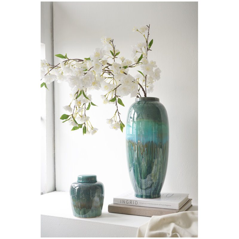 Vase en céramique glaçure réactive bleue et verte, H 15,9 po