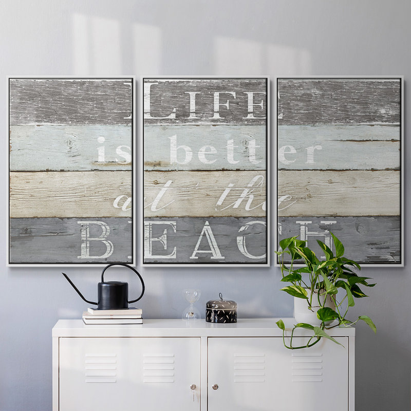 «Life Better Beach», art textuel sur toile 3 pièces, Blanc, H 24 po x l 48 po x P 2 po