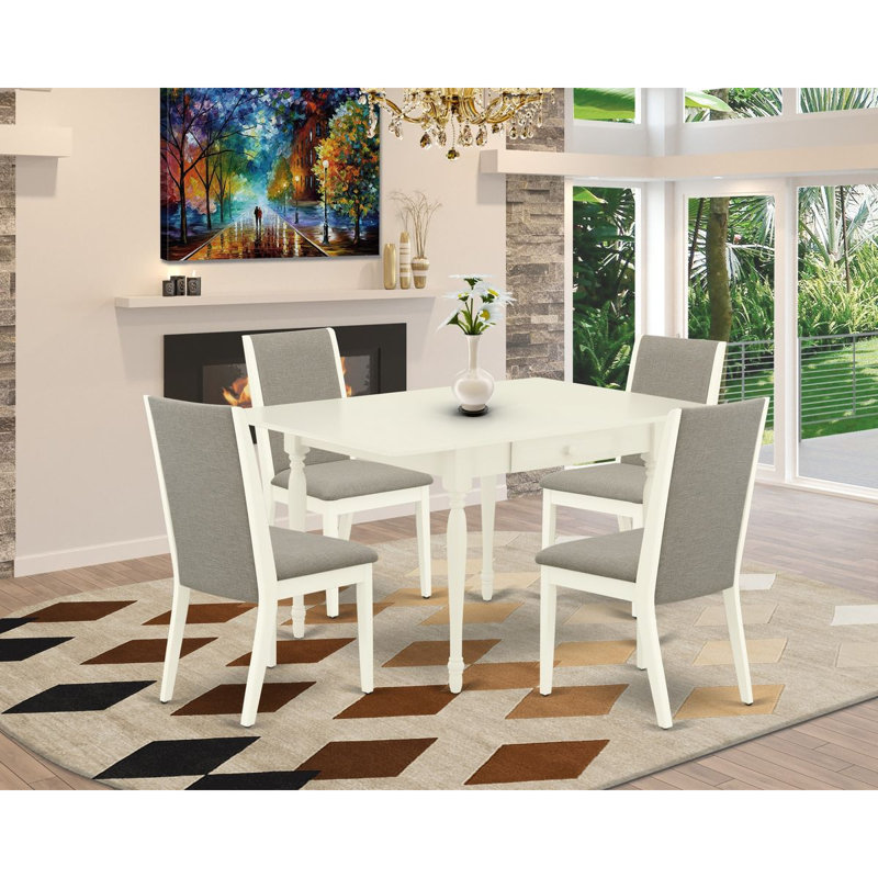 L'ensemble de table de salle à manger 5 pièces pour 4 personnes comprend une table de cuisine rectangulaire avec Dropleaf et 4 chaises de salle à manger Parson en lin Shitake, blanc lin