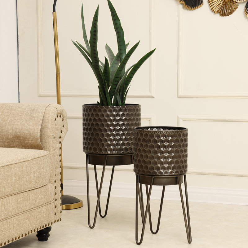 Adalid Set of 2 Metal Planters with Stand, Honeycomb Cachepot Indoor Planter Set