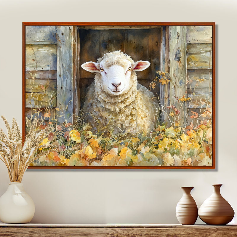 Dulinsky Sheep Floral Portrait At The Barn - Sheep Large, art mural, Brun, Impression encadrée flottante, H 16 po x l 32 po